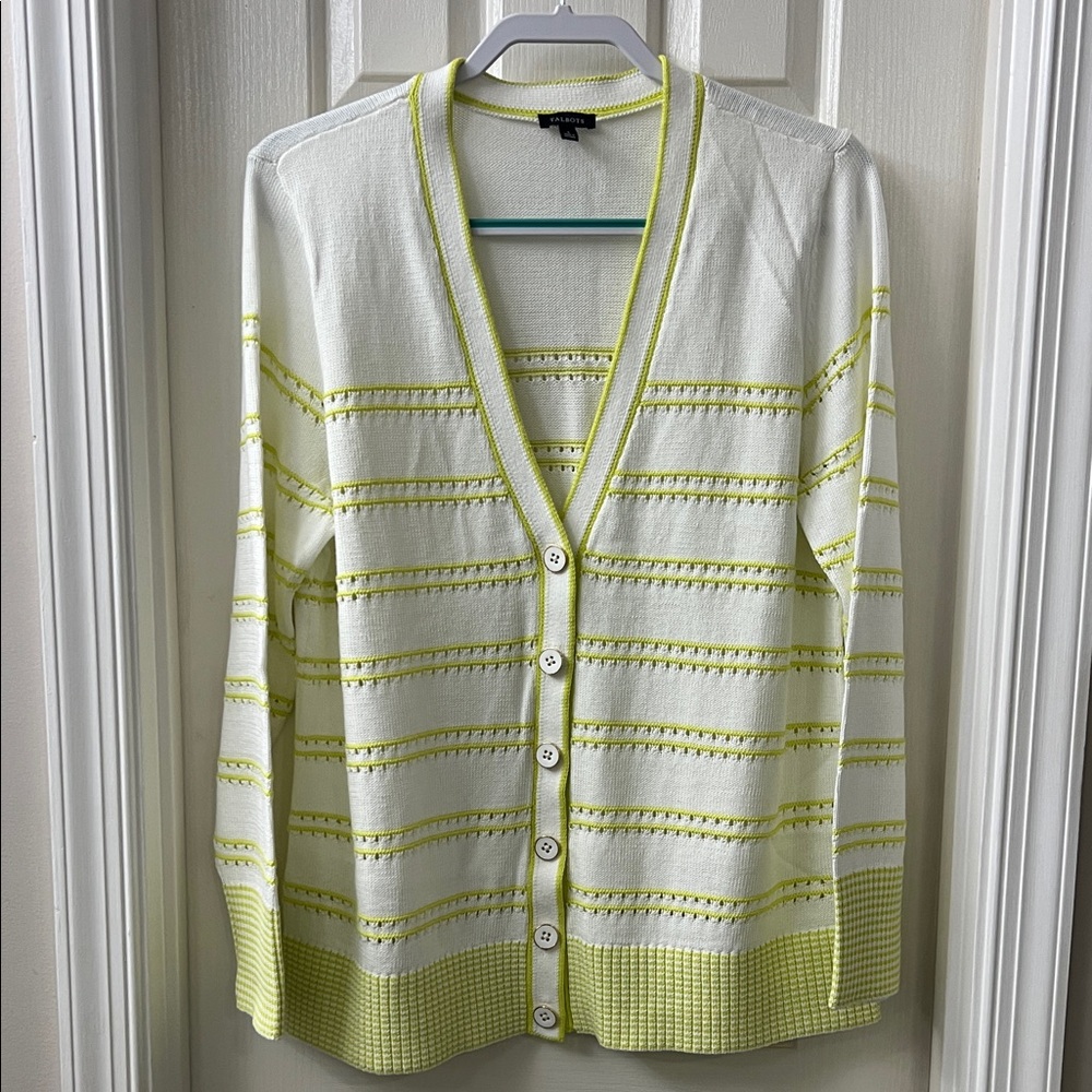Talbots White and Lime Green Striped Sweater